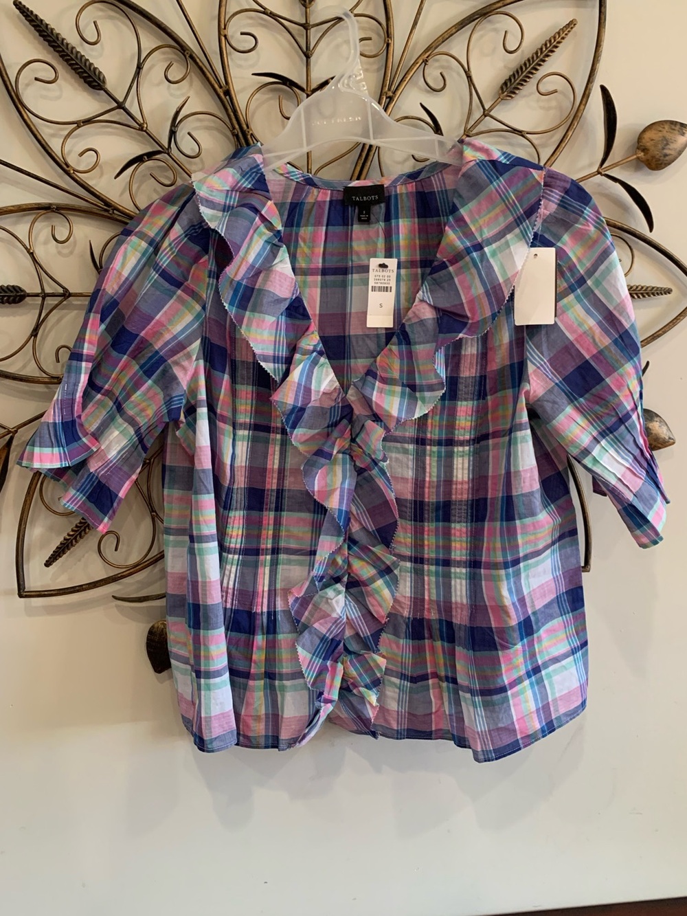 NWT Talbots 100% Cotton Purple and Pink Plaid Ruffle-Front Blouse